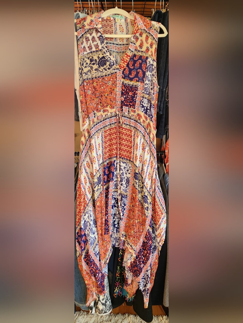 Patchwork Printed Maxi Skirt in Orange & Navy MED.